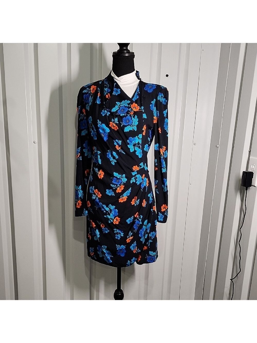 Maje Ripta Floral Print Ruched Mini Dress Black, Blue, Orange Size 3 Large EUC